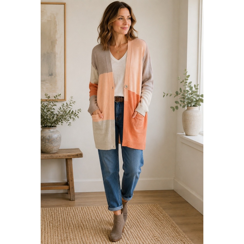 Pure Jill Cardigan M‎ Peach Coral Colorblock Longline V-Neck Pocket Sweater